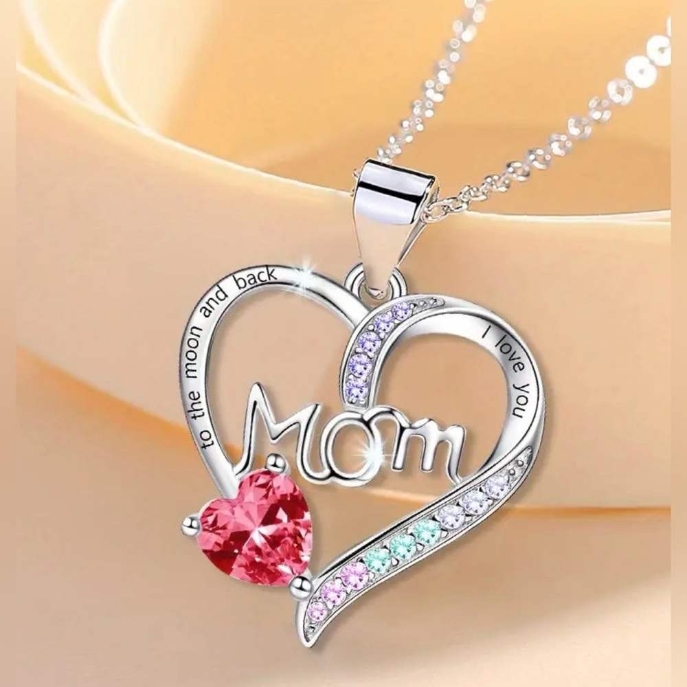 Brand New Silver Toned “I Love You Mom" Heart Pendant Necklace